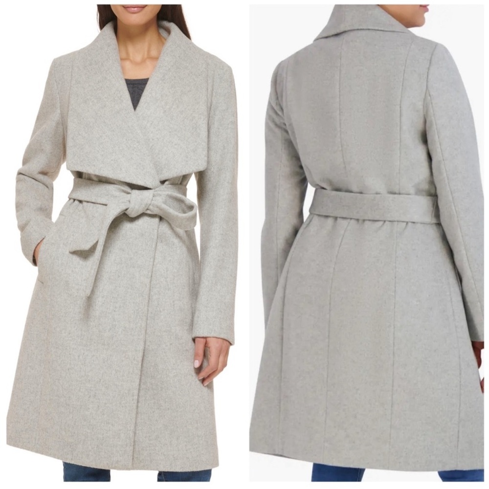 Cole Haan Wool Wrap Slick 39” Light Grey Exaggerated Collar Coat